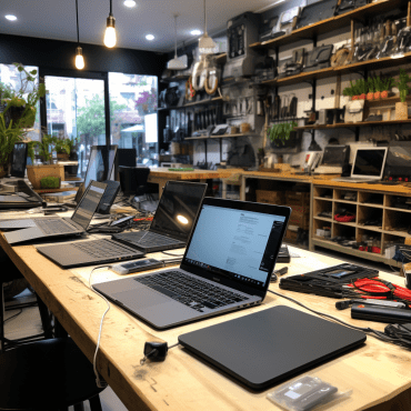 Image of a computer repair shop with laptop and desktop display in Grange