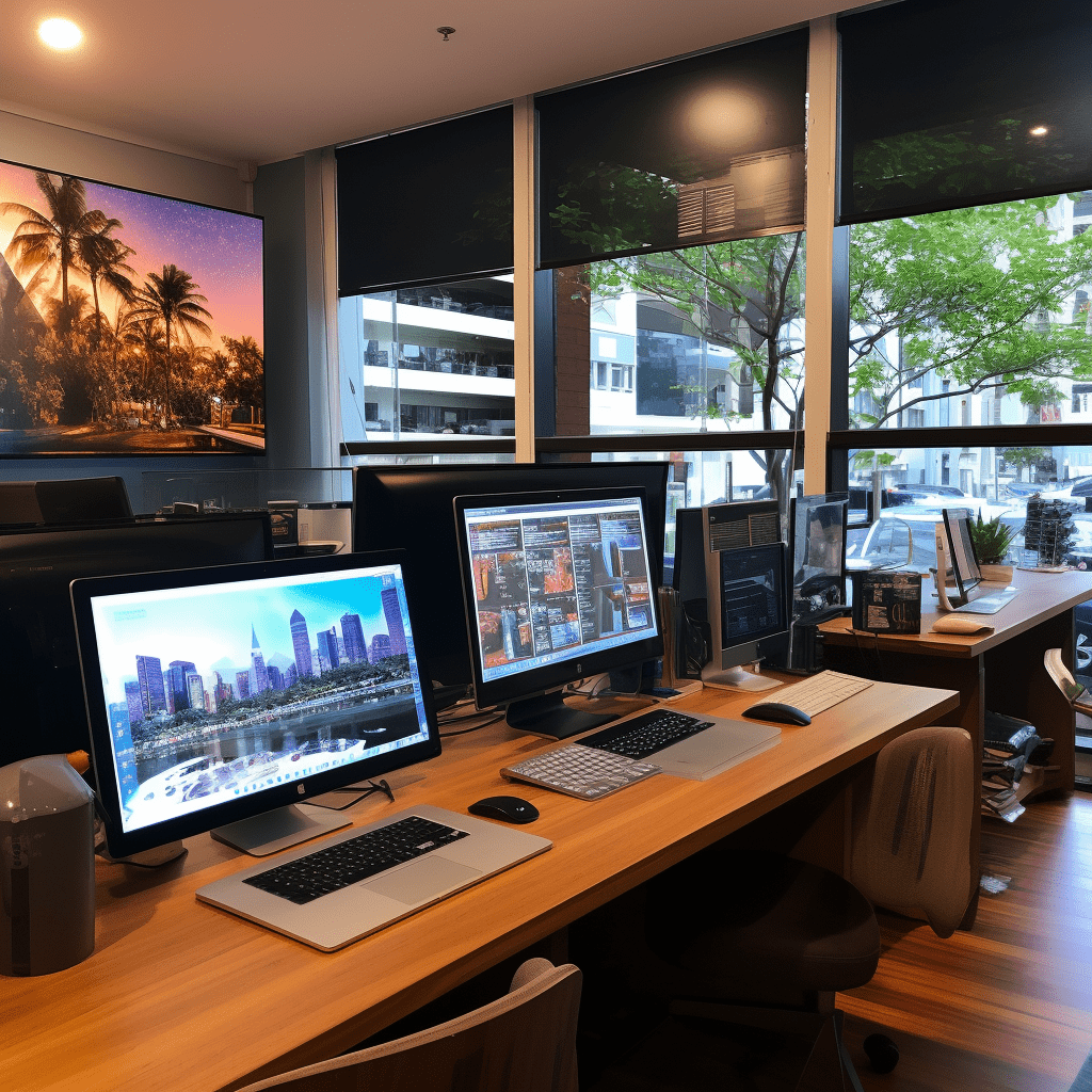 image of a business office with computer display at the table in Keperra